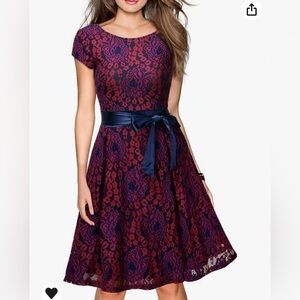 Miusol Women’s Vintage Floral Lace Dress - Dark Red and Blue/purple - Small